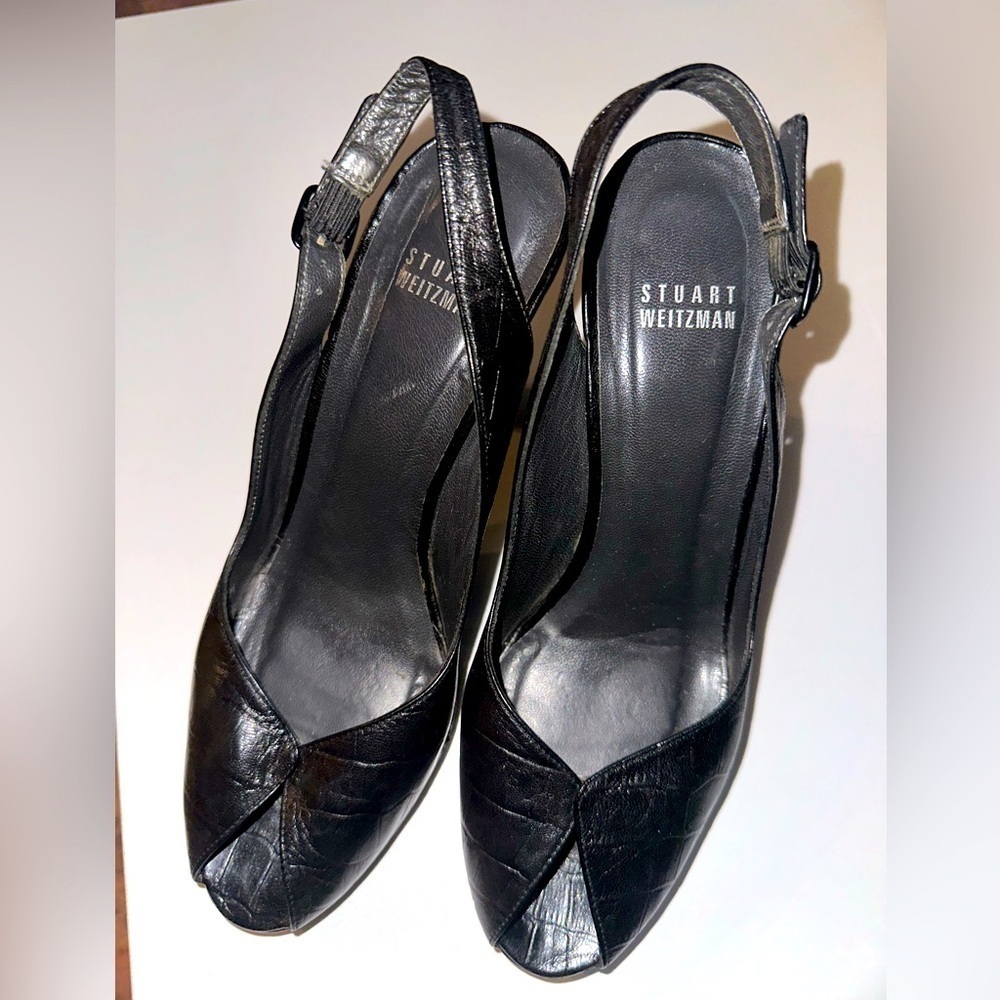 Stuwart Weizman women’s black sling back peep toe heels 8 formal party leather